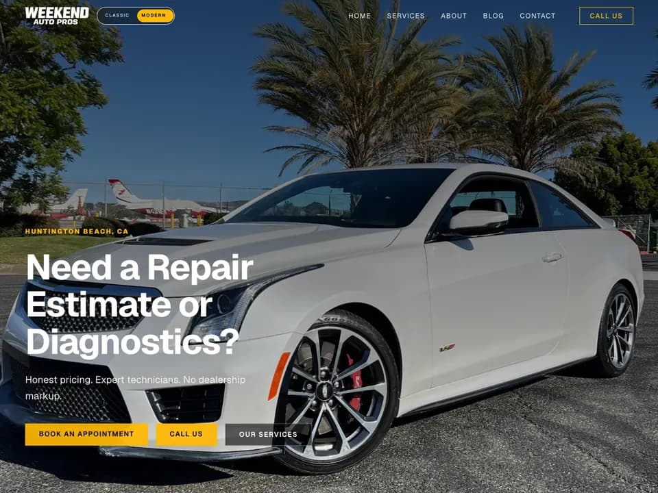 Weekend Auto Pros home page, a white Cadillac coupe in the lot